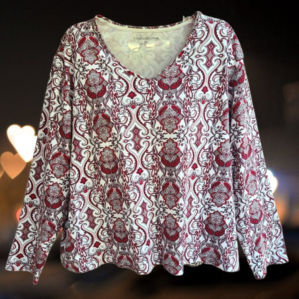 Croft & Barrow Womens Size XL Top Blouse Pullover Long Sleeves V-neck Cotton